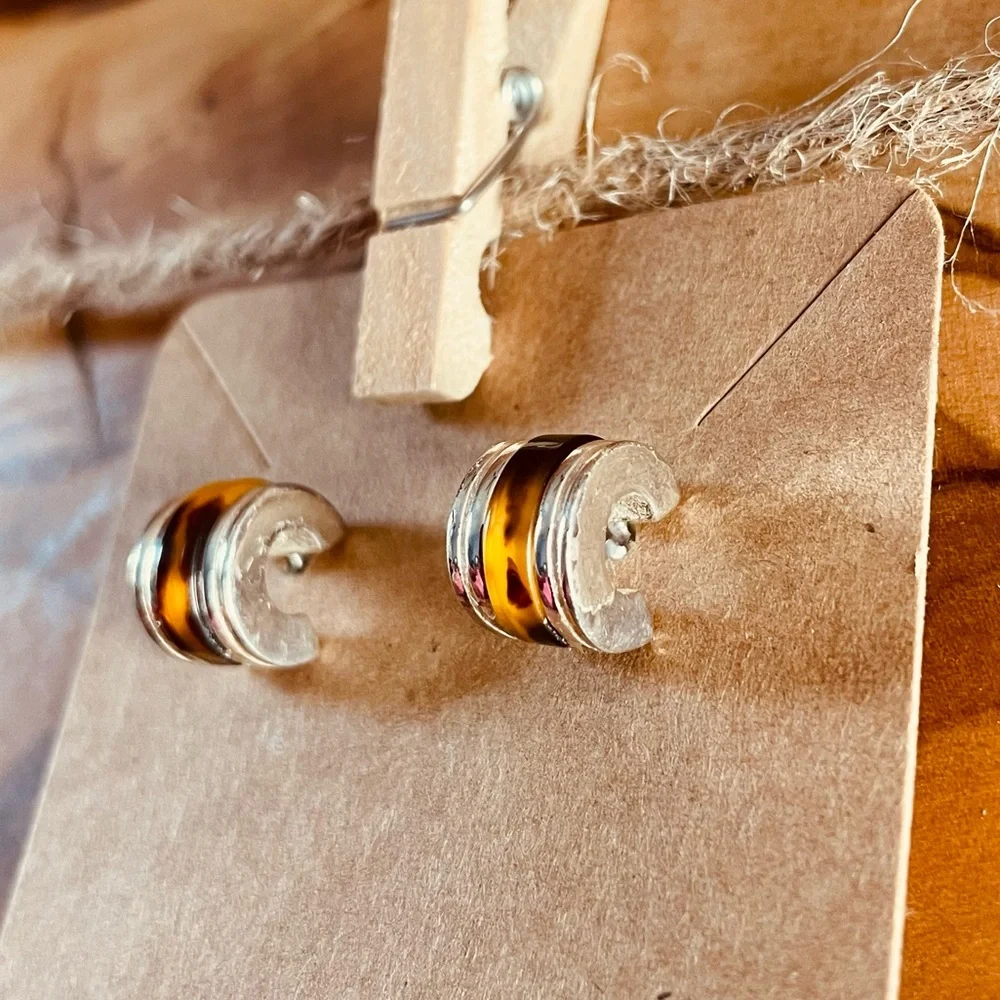 Lauren Ralph Lauren Silver and Brown Tortoise Huggie Earrings
